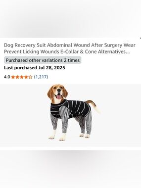 Black & White Striped Dog Recovery Suit - Prevent Licking After Surgery. SMALL